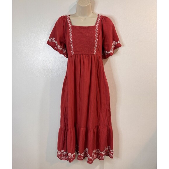 Old Navy Shirt Dress S Midi Smocked Embroidered Prairie Milkmaid Red White Boho - Picture 2 of 12